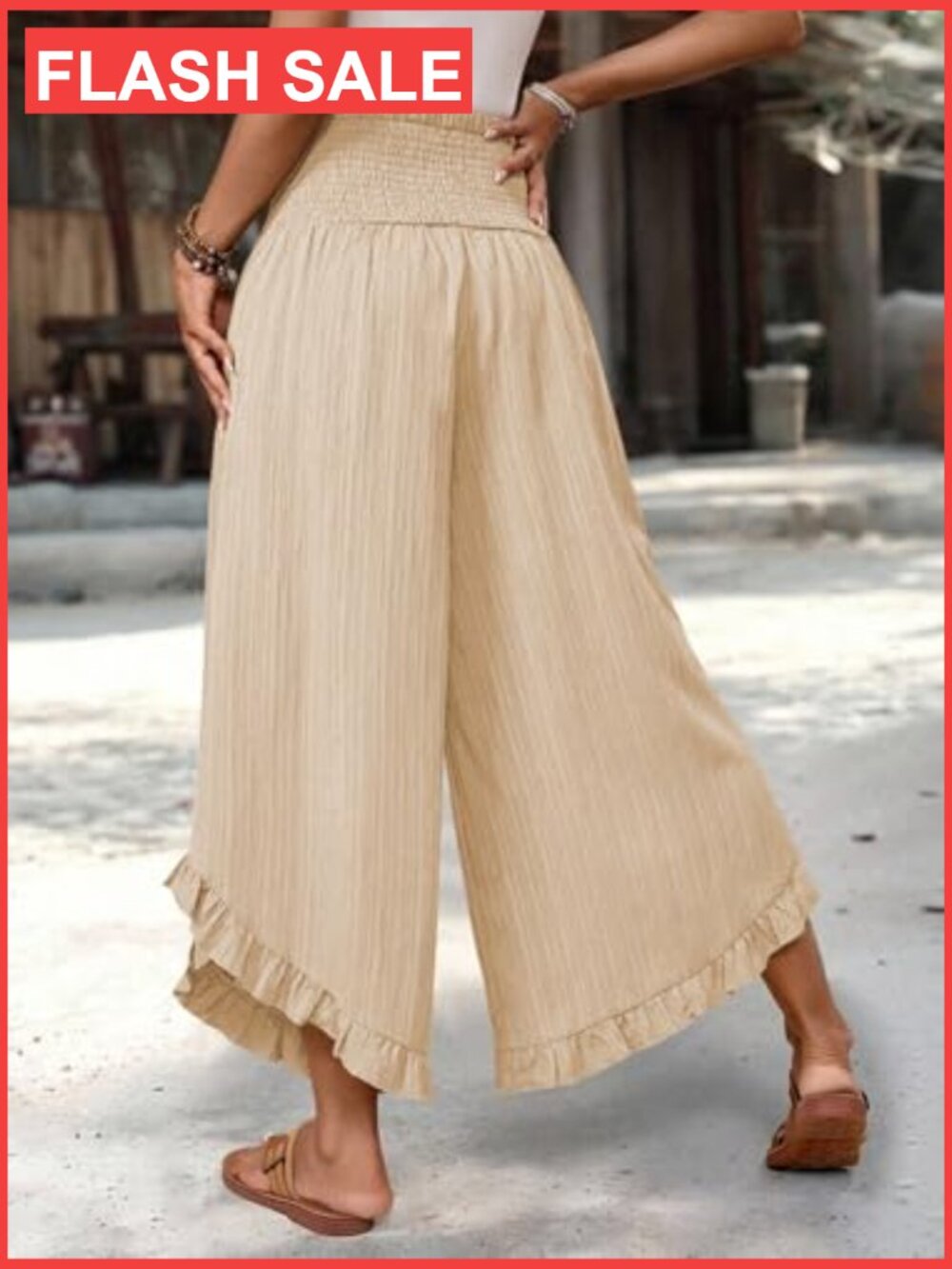 Wide Leg Palazzo Pants for Women High Waist Flowy Ruffle Hem Summer Beach - Picture 3 of 7